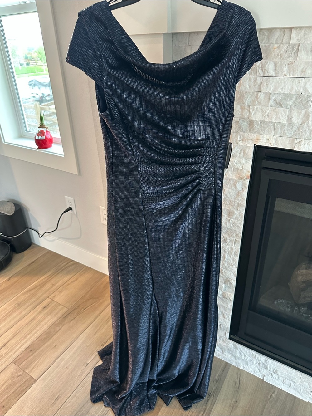 Alex eveningElegant navy Metallic Evening Gown with Cowl Neck size 14